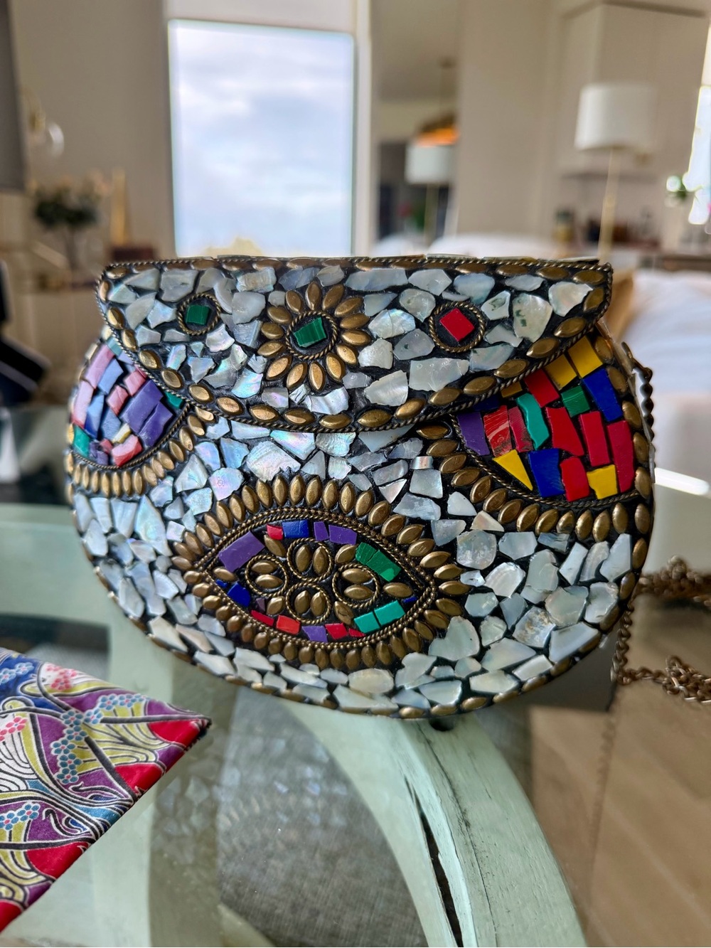 Mosaic Beaded Clutch Crossbody Purse – Mother of Pearl Multicolor